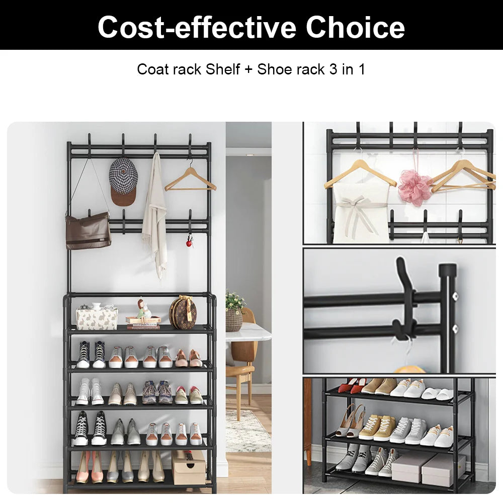 3-in-1 Shoe Rack & Coat Hanger | Multi-Layer Storage Organizer | Floor-Standing Entryway & Hallway Shelf