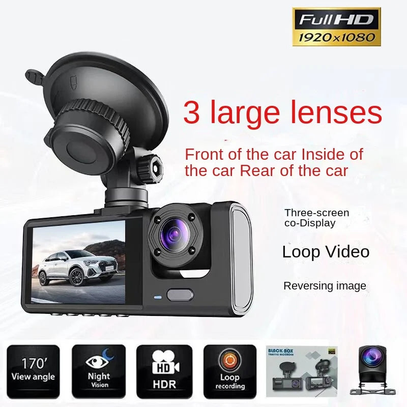 3 Channel Car DVR HD 1080P 3-Lens Inside Vehicle Dash CamThree Way Camera DVRs Recorder Video Registrator Dashcam Camcorder