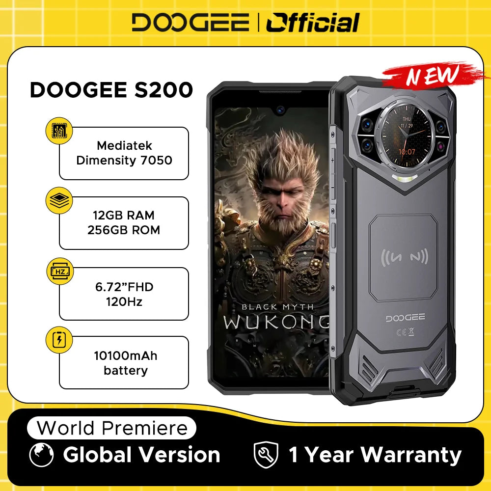 World Premiere DOOGEE S200 5G Rugged rtx 5090 Phone 6.72" 120Hz Display 12GB RAM 256GB ROM 100MP AI Main Camera 10100mAh Android 14 NFC