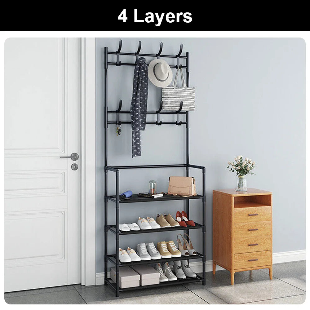 3-in-1 Shoe Rack & Coat Hanger | Multi-Layer Storage Organizer | Floor-Standing Entryway & Hallway Shelf