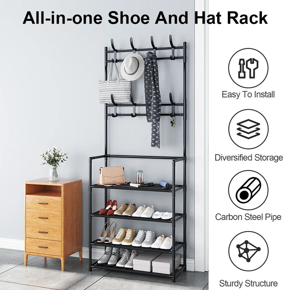 3-in-1 Shoe Rack & Coat Hanger | Multi-Layer Storage Organizer | Floor-Standing Entryway & Hallway Shelf