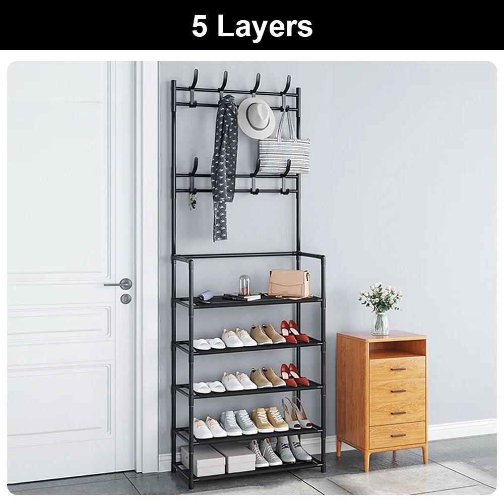 3-in-1 Shoe Rack & Coat Hanger | Multi-Layer Storage Organizer | Floor-Standing Entryway & Hallway Shelf