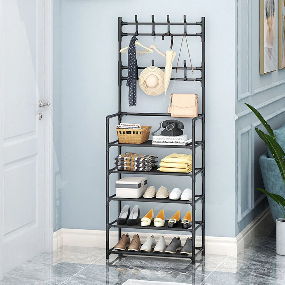 3-in-1 Shoe Rack & Coat Hanger | Multi-Layer Storage Organizer | Floor-Standing Entryway & Hallway Shelf