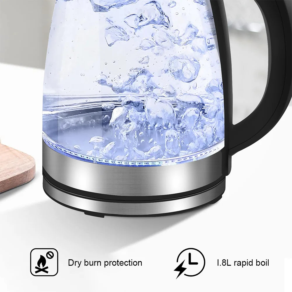 1.8L Electric Glass Kettle | Fast Boil Tea Kettle | Auto Shut-Off & Blue LED | 220V Stainless Steel Water Boiler